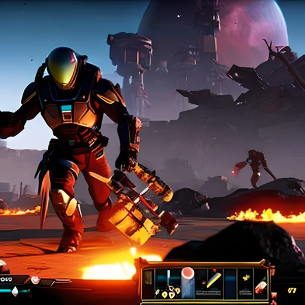 crafting supplies on an alien planet at dusk while enemies aboun