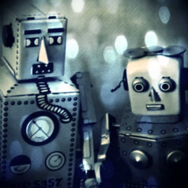 Two robots talking about their artificial emotions
