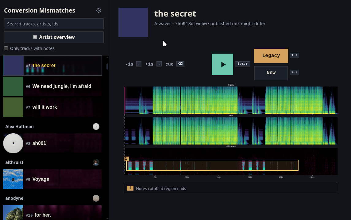 The Conversion Mismatches test page for “the secret,” with legacy, new-engine, and difference spectrograms stacked vertically.