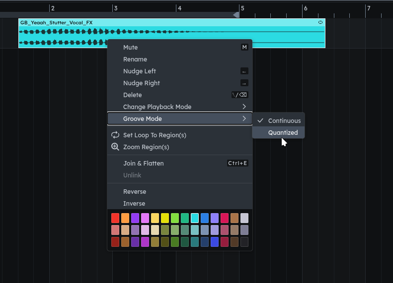 An audio region’s context menu, showing Quantized and Continuous under Groove Mode.