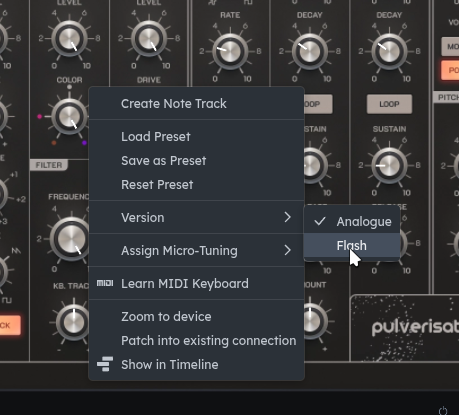 Pulverisateur’s context menu, showing Flash and Analogue under Version.