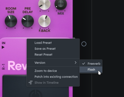 Stompbox Reverb’s context menu, showing Flash and Freeverb under Version.