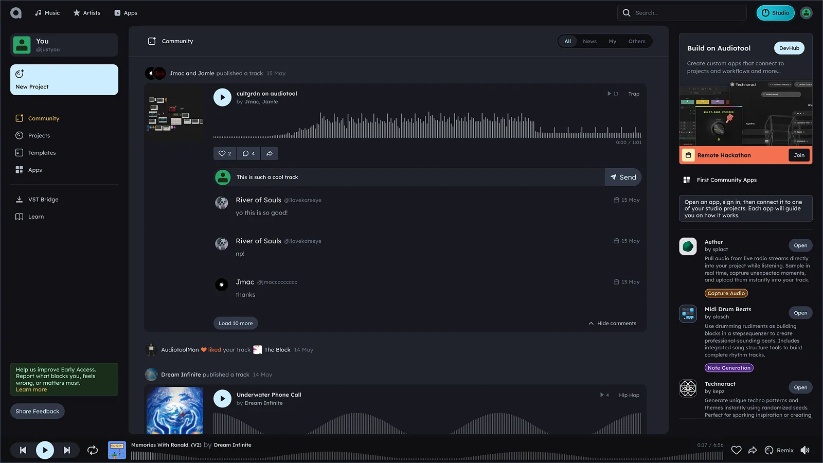 Audiotool community hub showing tracks, comments, and community apps