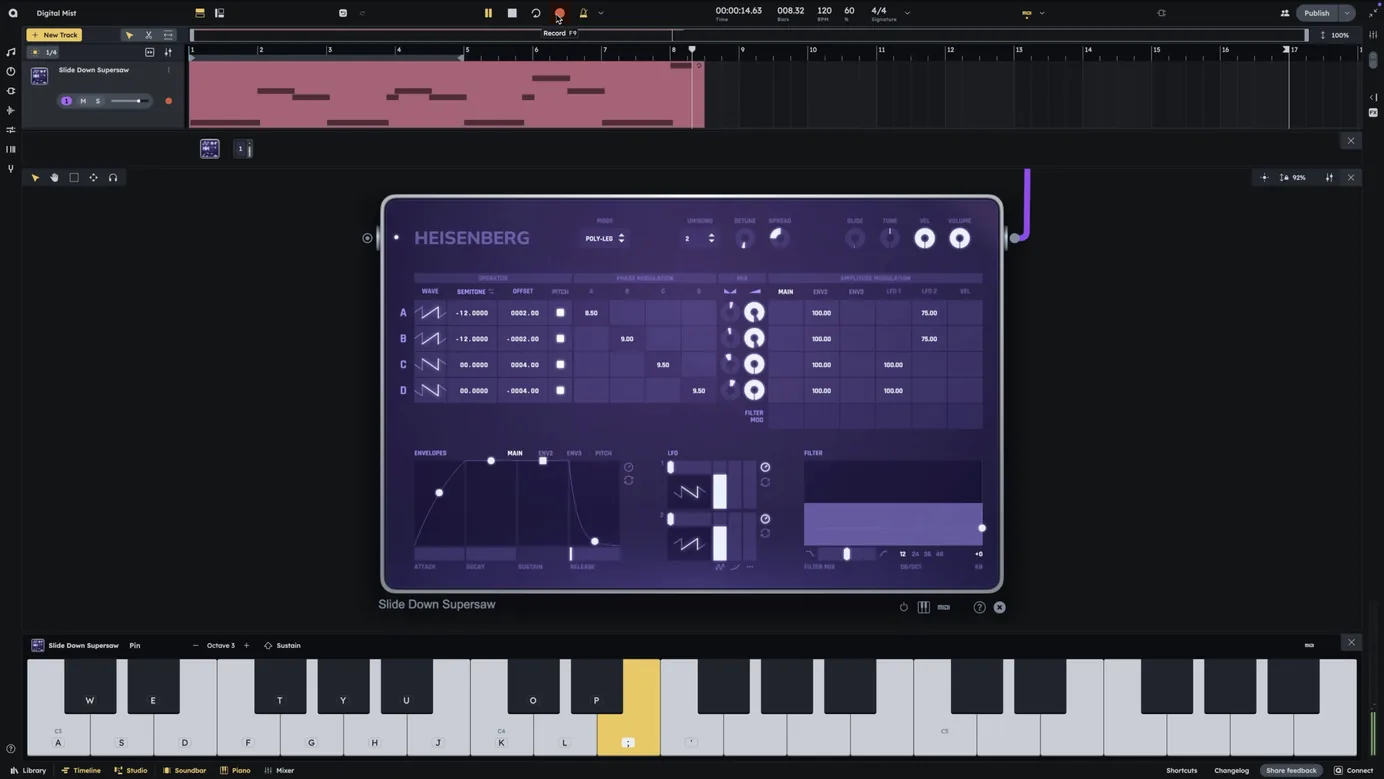 Audiotool studio arrangement with Heisenberg synth and piano keyboard