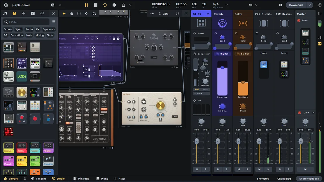 Audiotool mixer with channel strips, groups, FX channels, and master insert