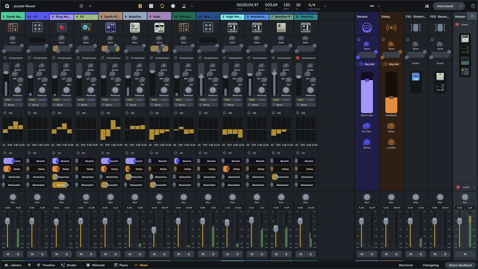 Audiotool studio arrangement with mixer and channel strips