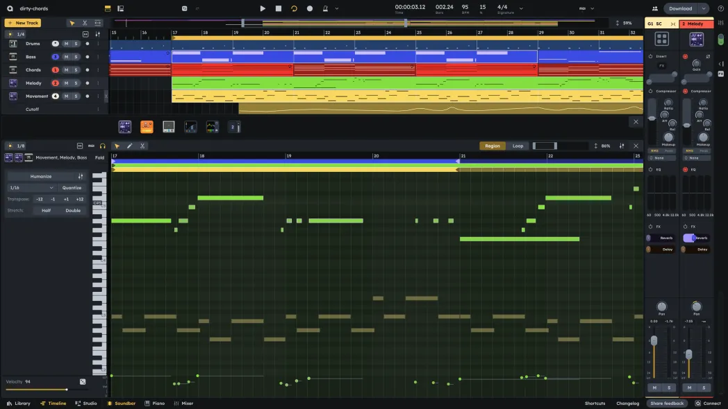 Audiotool piano roll editor with chord, melody, and bass tracks