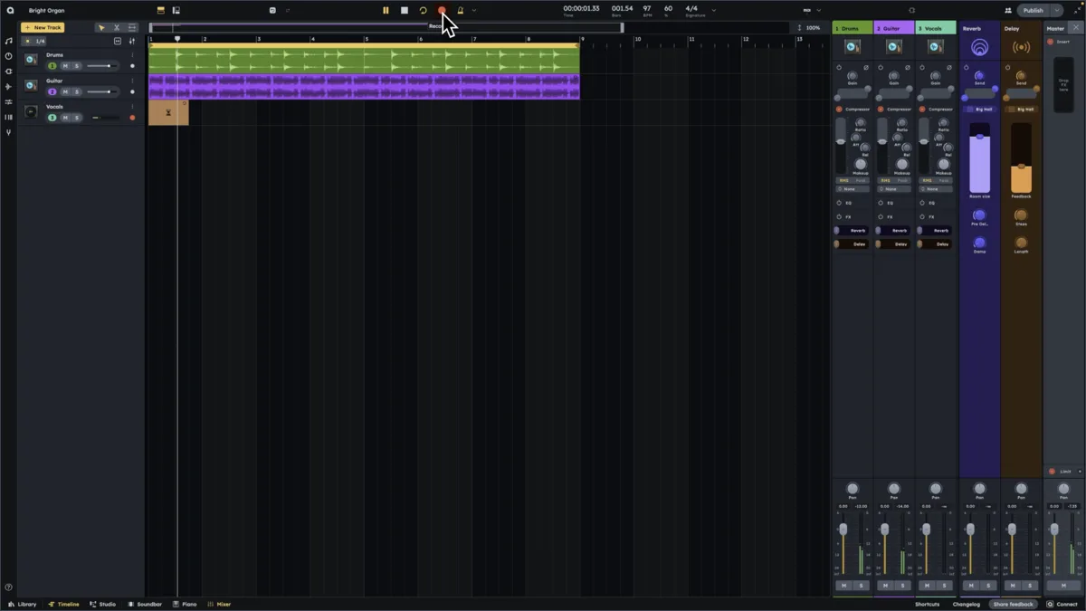 Audiotool studio arrangement with audio regions and mixer