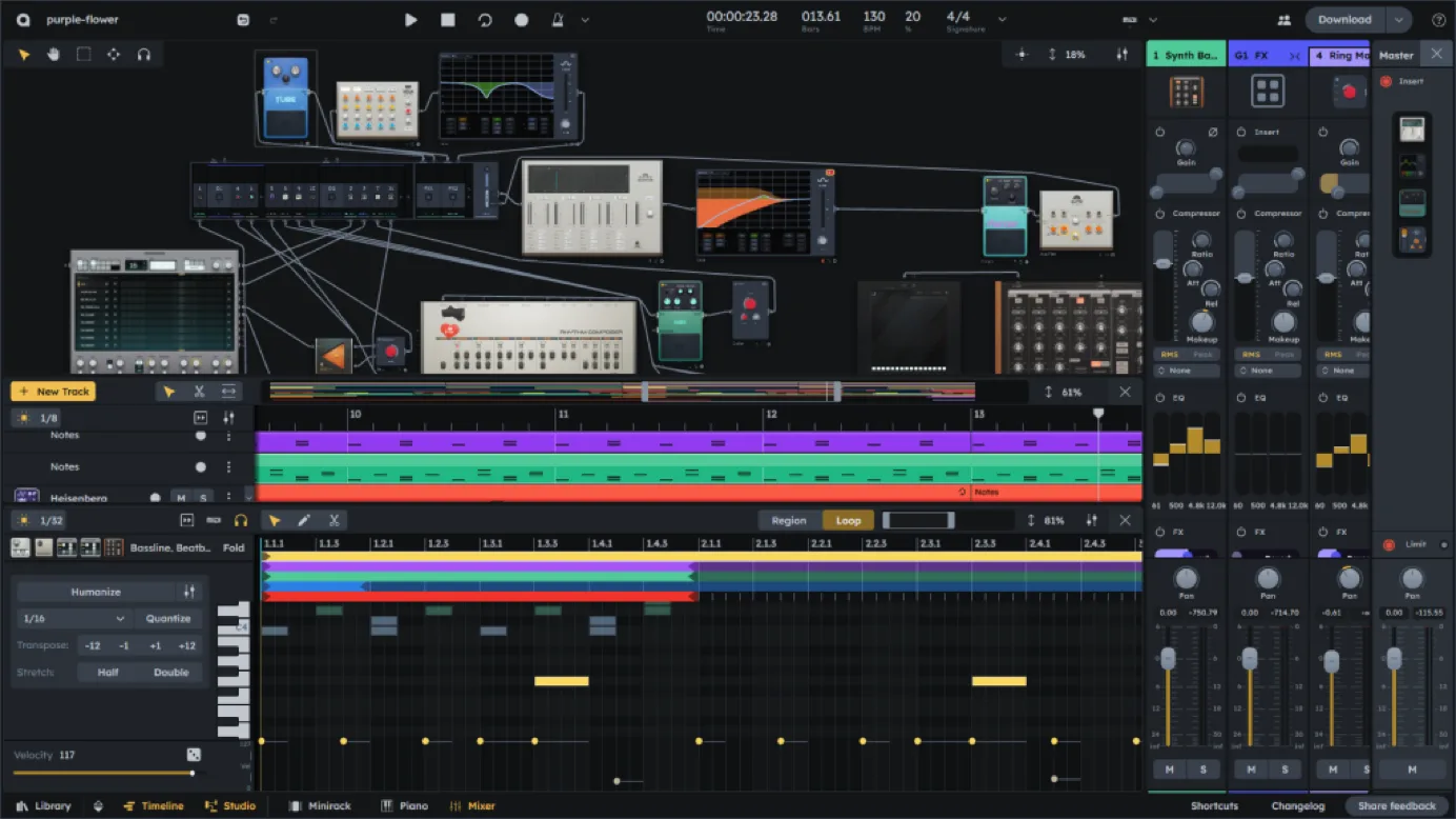 Audiotool studio arrangement with modular synth devices and piano roll