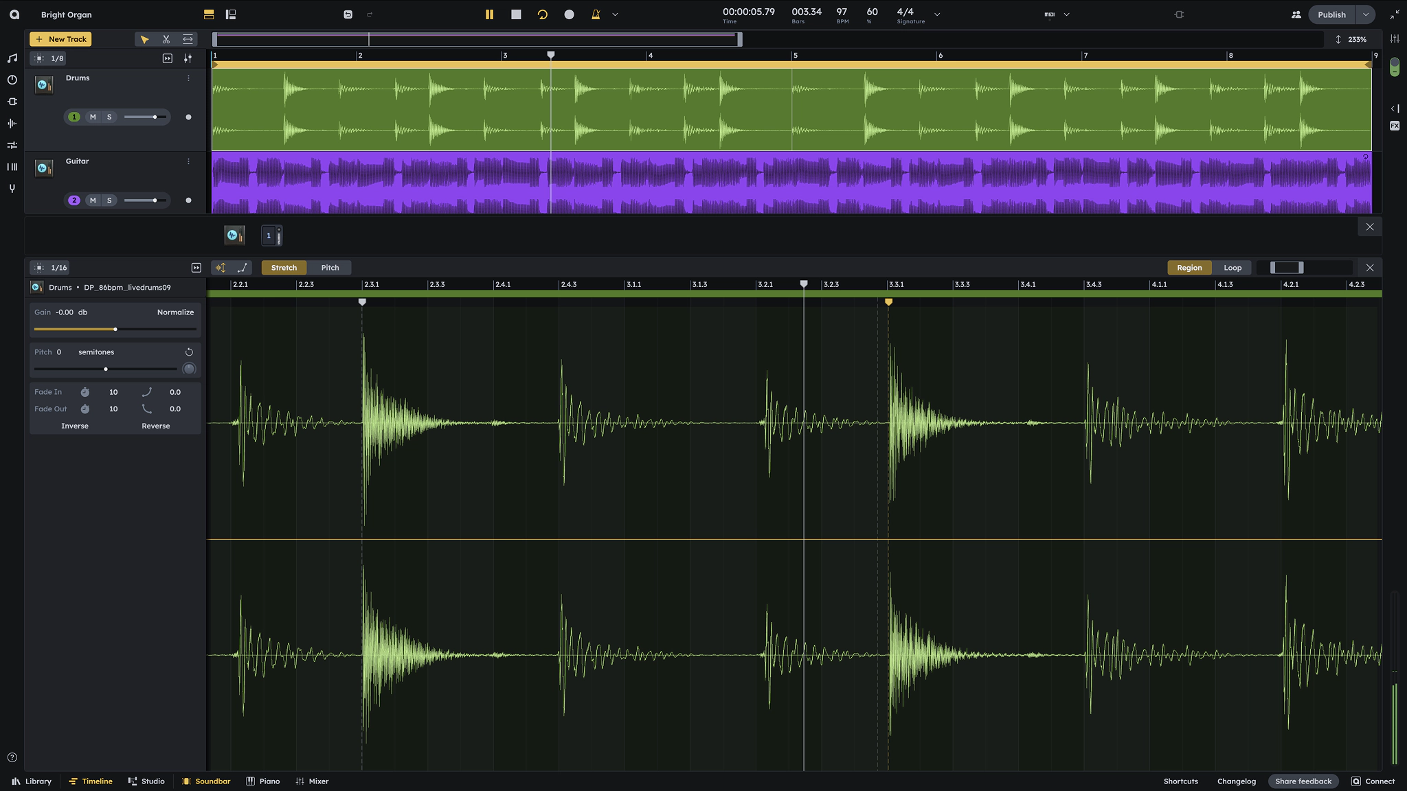 Audiotool warp editor with audio waveform and pitch controls