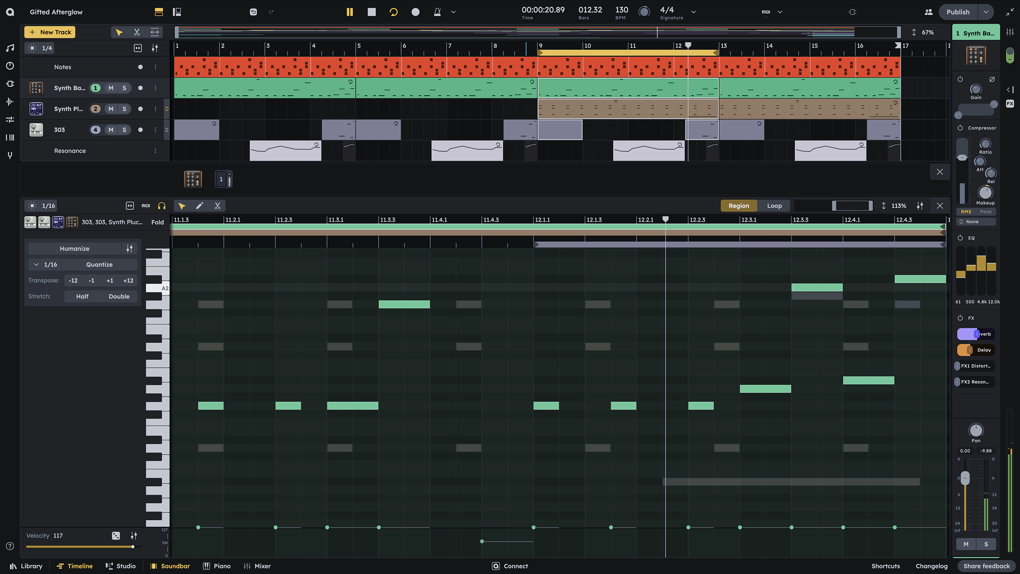 Audiotool piano roll editor with chord, melody, and bass tracks