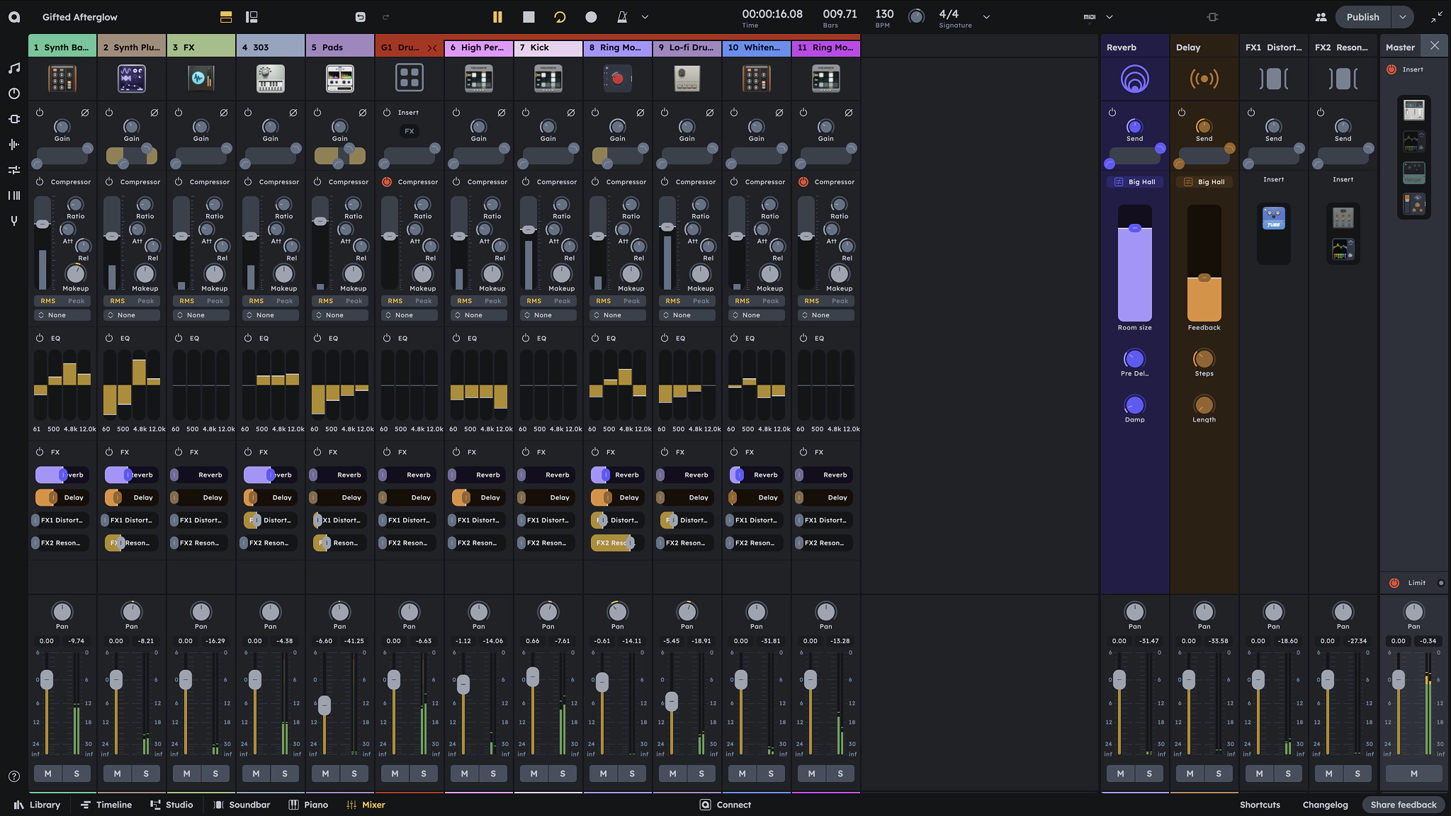 Audiotool mixer with channel strips, groups, FX channels, and master insert