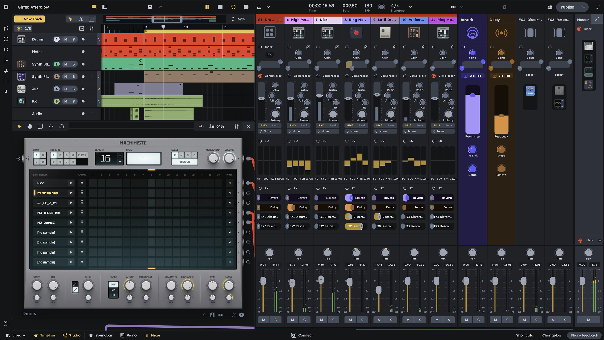 Audiotool studio arrangement with mixer and channel strips