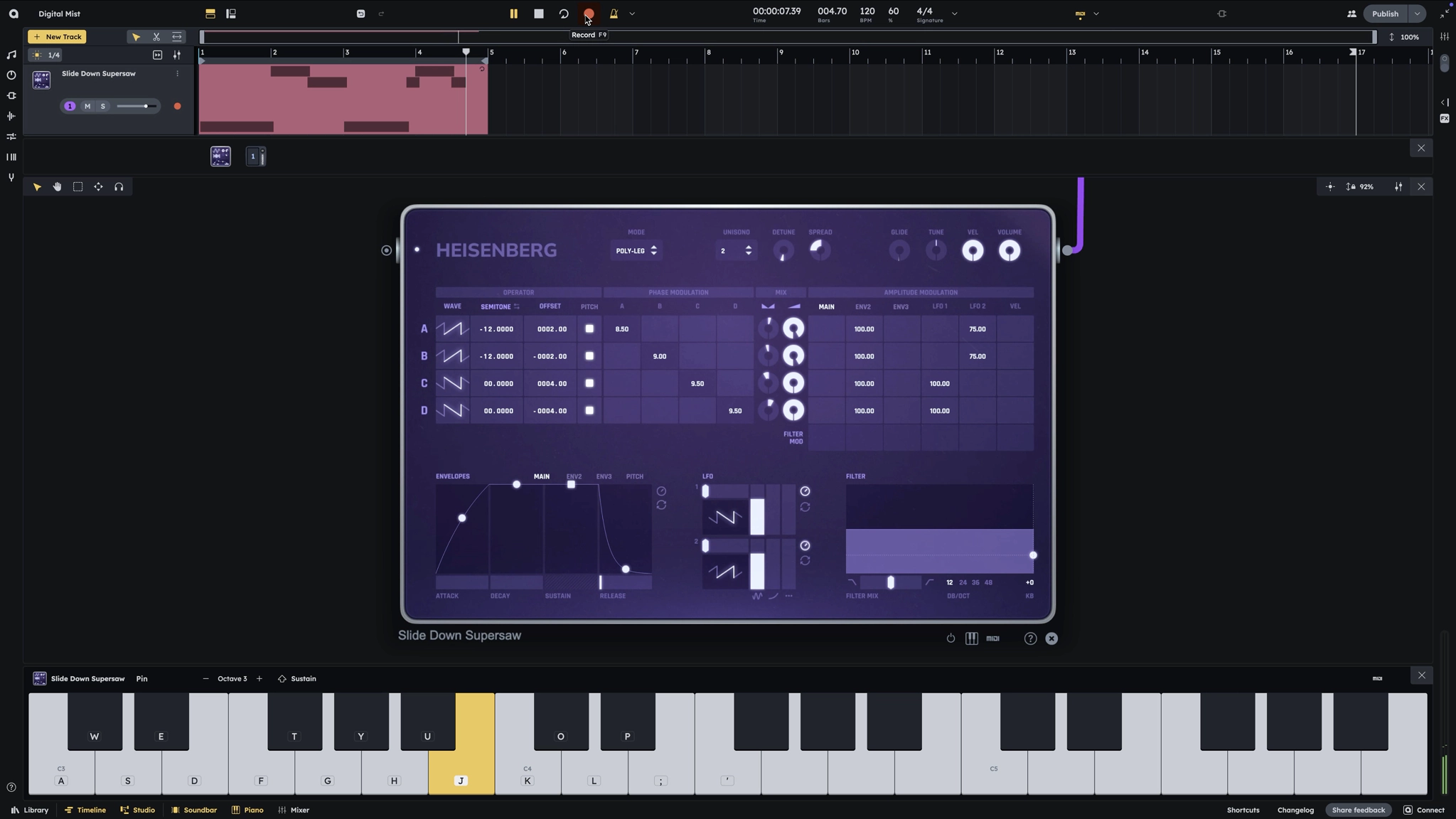 Audiotool studio arrangement with Heisenberg synth and piano keyboard
