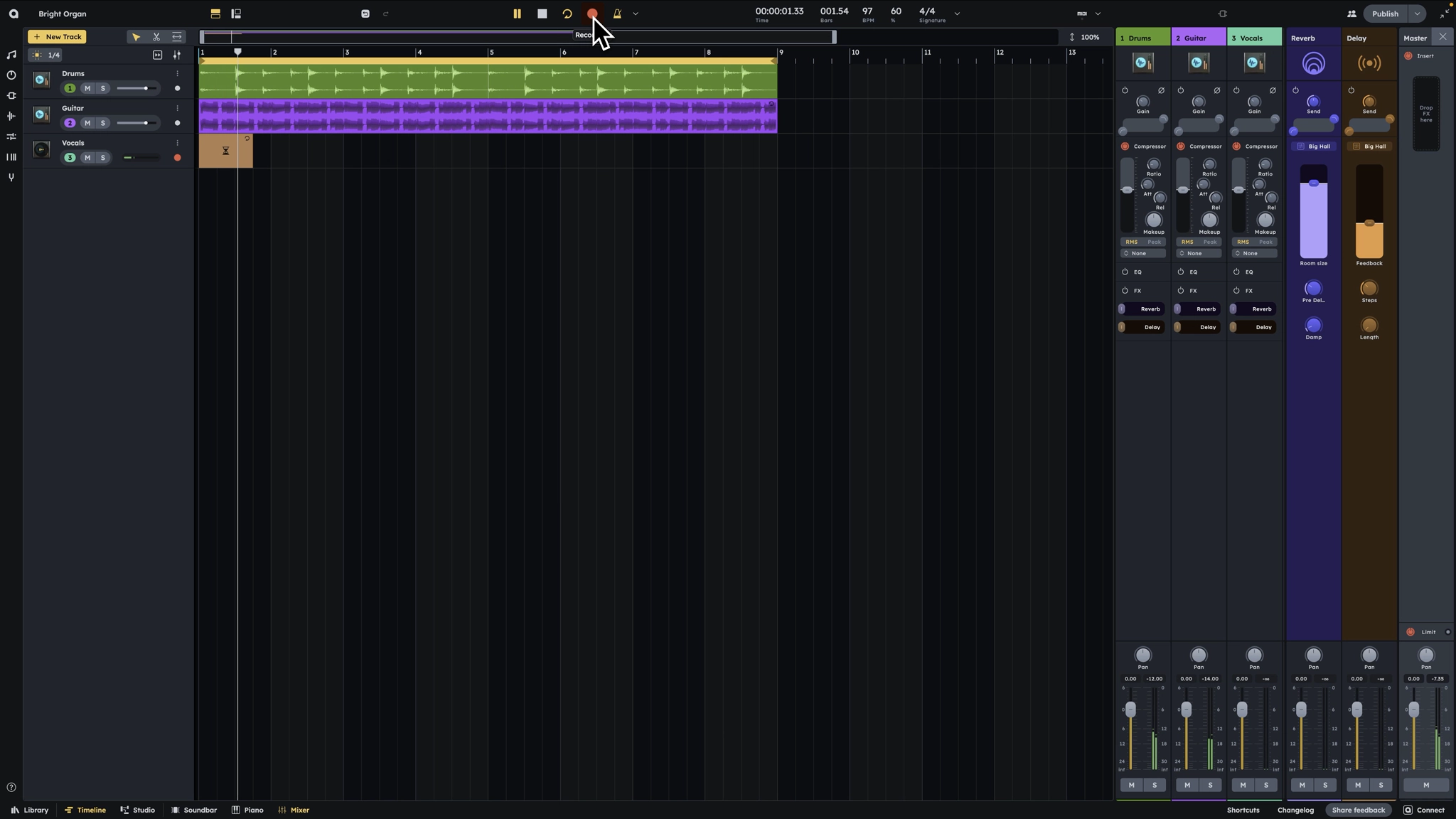Audiotool studio arrangement with audio regions and mixer