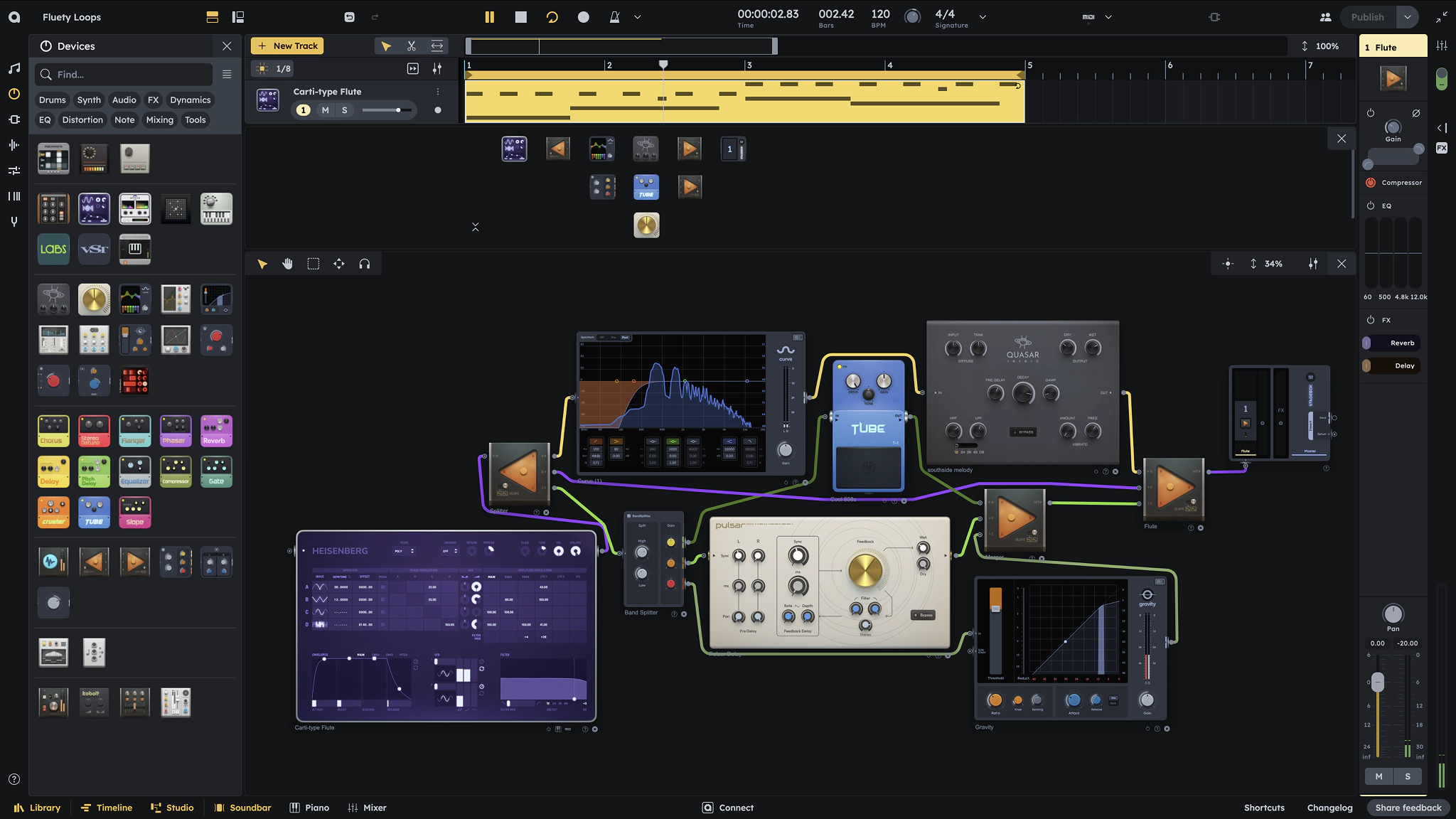 Audiotool studio arrangement with modular synth devices and piano roll