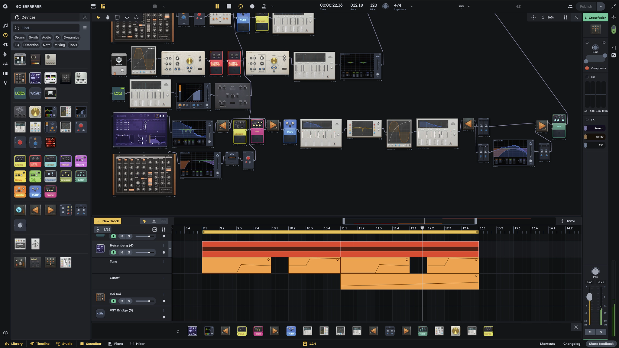 Audiotool modular device patching with signal chains and piano roll